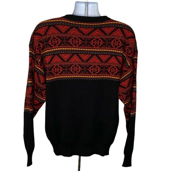 Vintage Demetre Ski Sweater Large Black Red Fair Isle Knit Wool Acrylic 90's - Picture 2 of 7